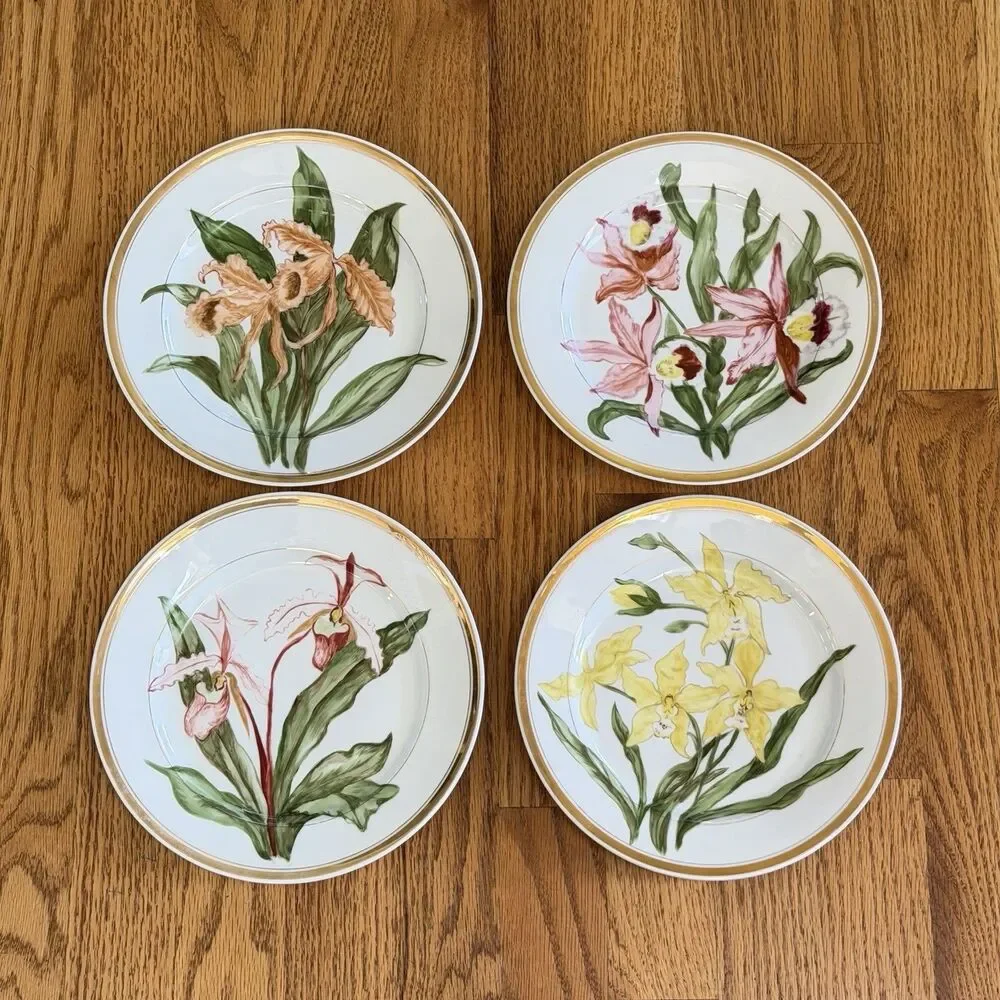 Set Of 4 Vintage Hand Painted ORCHID Plates Gold Border Porcelain 8 1/4”